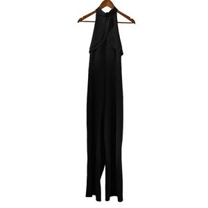 Bebe NEW Ruffle Halter Crepe Jersey Wide Leg Jumpsuit In Black Size 14
